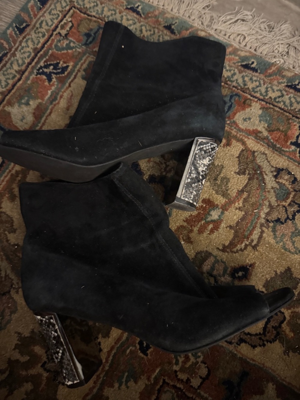 Black Suede Ankle Boots with Metallic Snake-Print Heel